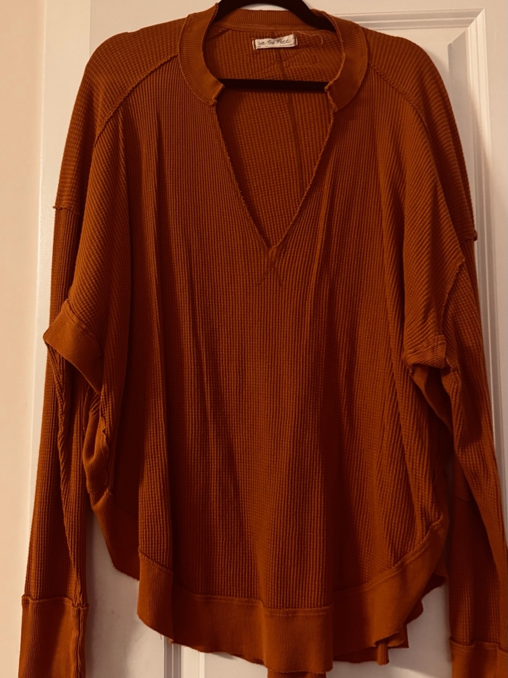 We The Free Rust Waffle Knit V-Neck Pullover